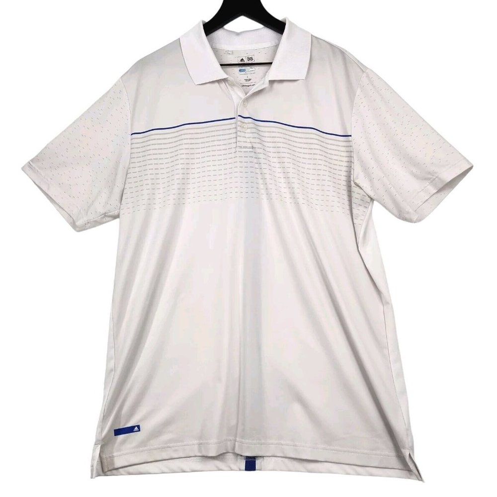 Adidas Men's Pure Motion Cool Max Polo Sz Large White Blue Geo Print Golf Shirt